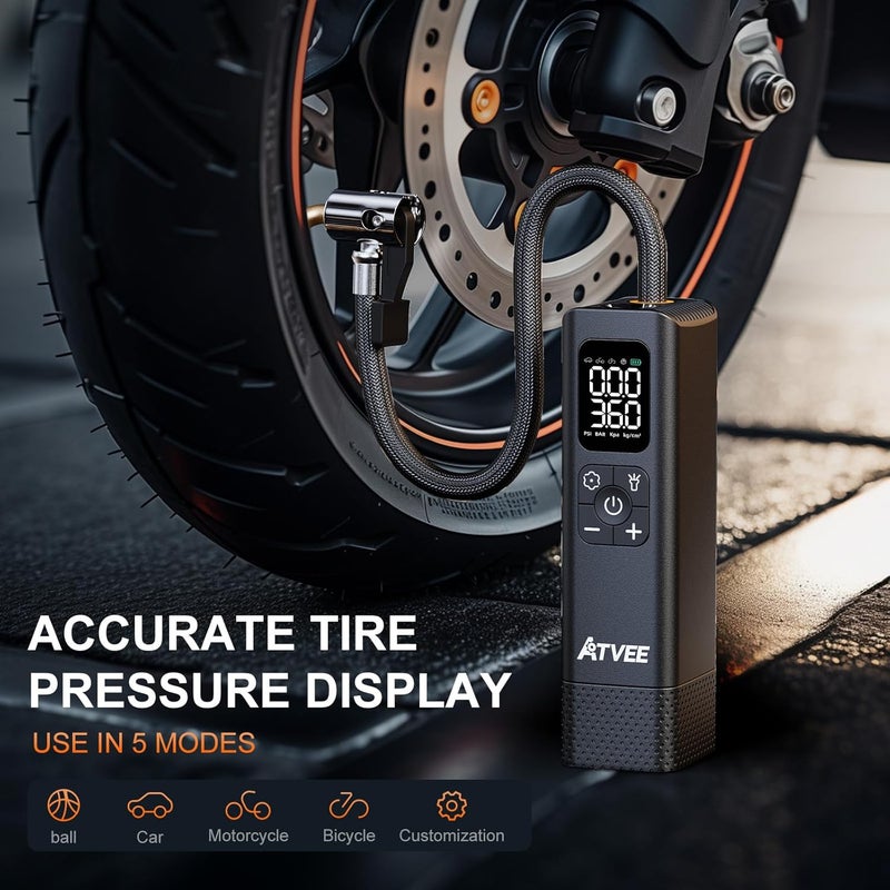 ATVEE Bicycle Pump, 30s Fast Inflate Bike Pump with Gauge & Digital Display, 150PSI Portable Electric Bike Tire Pump with Presta & Schrader Valves for Road Bike, E-Bike - Image 4